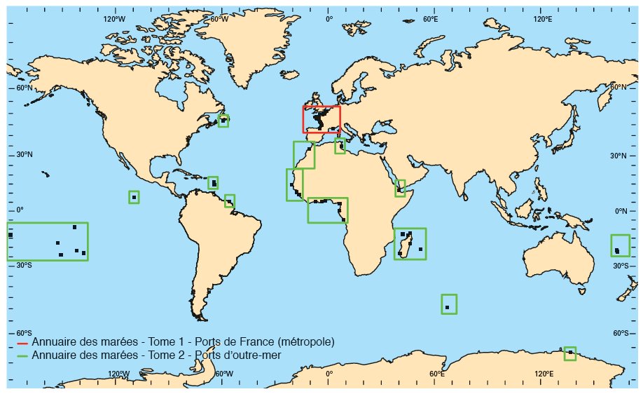 Couverture géographique des annuaires des marées du SHOM avec en rouge les prédictions fournies dans le tome 1 et en vert les prédictions fournies dans le tome 2