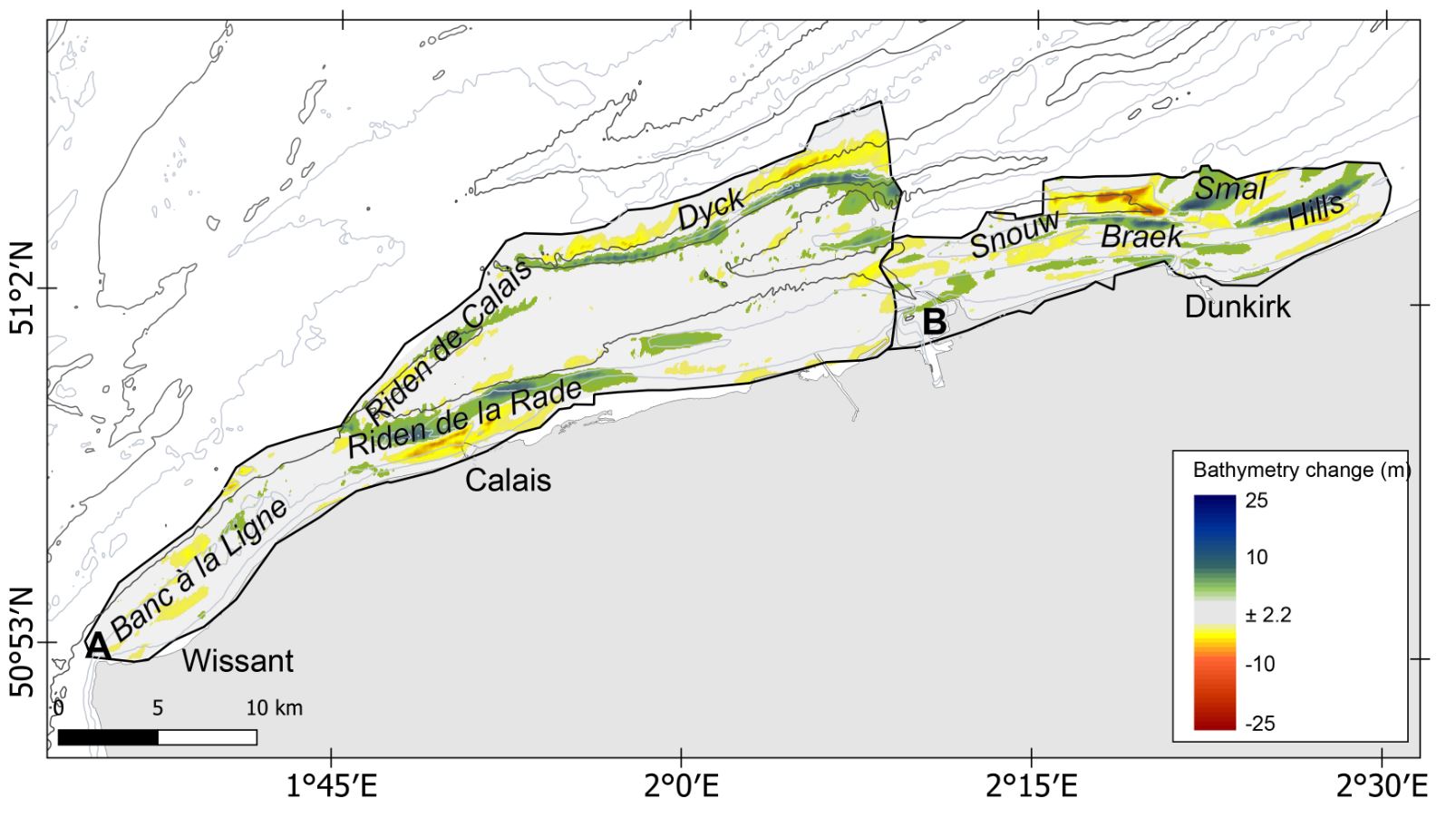 ifférentiel bathymétriques entre A : 1878 et 1975 et B : 1861 et 1962. En rouge-jaune sont représentés les secteurs ayant subi un abaissement des fonds et en bleu-vert ceux enregistrant un exhaussement des fonds