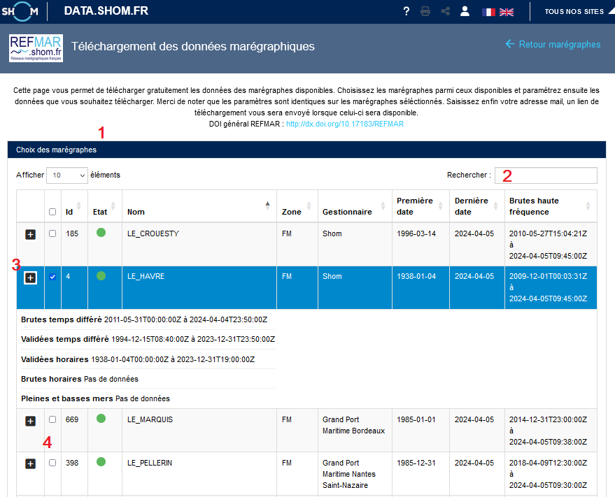 Capture d'écran de la page de téléchargement des données marégraphiques sur data.shom