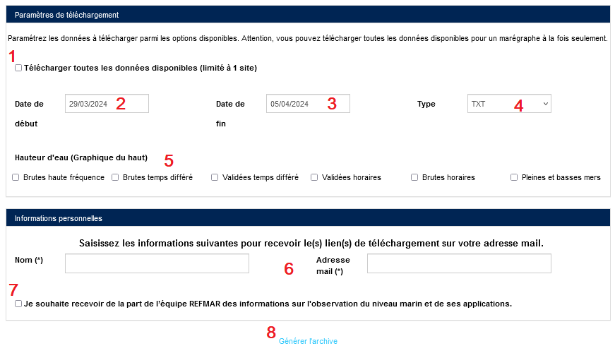 Capture d'écran de la page de téléchargement des données marégraphiques sur data.shom