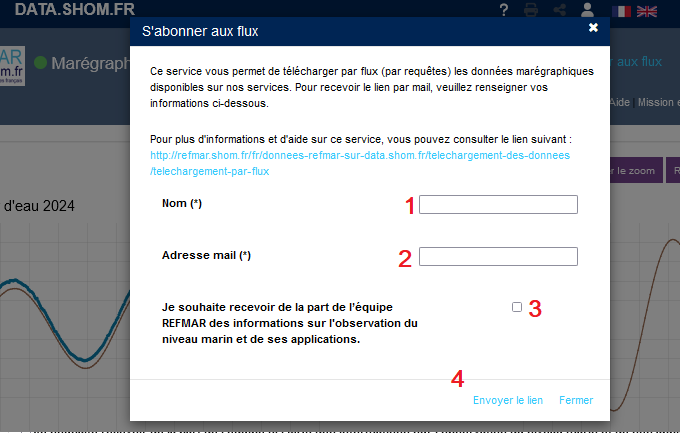 Capture d'écran de la page de téléchargement des données marégraphiques par flux sur data.shom