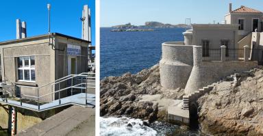 Observatoires marégraphiques de Brest (à gauche) et de Marseille (à droite). Crédits Shom.