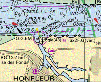 carte marine de la Seine à Honfleur indiquant le marégraphe