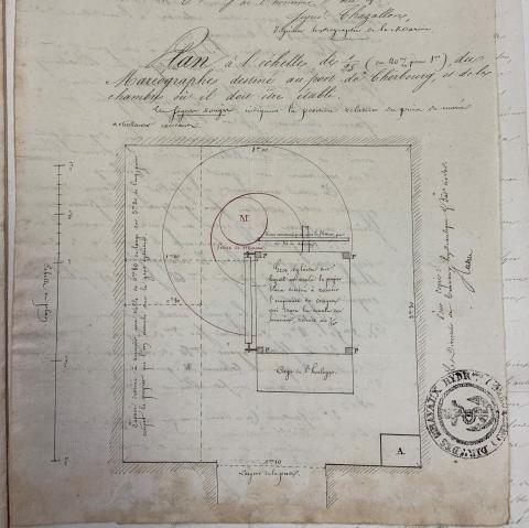 Extrait d'un courrier de Chazallon avec schéma de l'observatoire marégraphique de Cherbourg (22 juin 1846). Source SHD | Cherbourg - 3K 241
