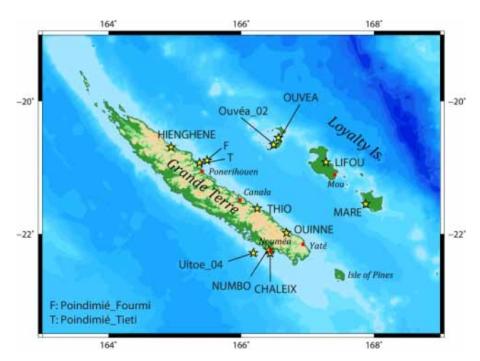 New Caledonia tide and pressure gauges (yellow stars)