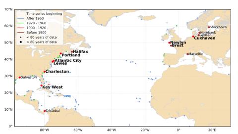 Tide gauges in the North Atlantic. Stations with time series starting before 1920 and longer than 80 years are labelled. Stations selected for this study are in bold