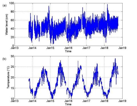 Example of data series: (a) water level, (b) water temperature, site of La Seyne/Ifremer (IF).
