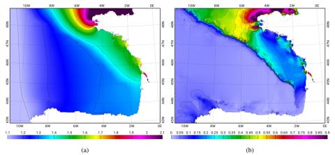 (a) M2 elevation (m), (b) M2 current (m/s), taken from the FES2012 tidal atlas
