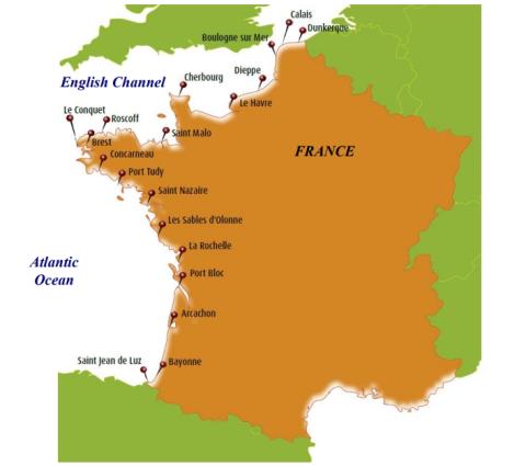 Locations of 19 harbours with more than 10 years of sea level data selected in this study.