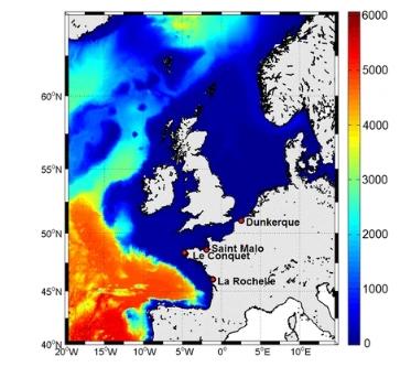 Bathymetry and extent of the MARS configuration with the locations of the gauges used for validation (red dots)