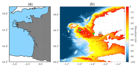 Survey site. (a) Map of western France. (b) DEM of northwest Brittany coastline (source: MNT  Bathymétrique de façade Atlantique67 (Projet Homonim) - Shom) showing the location of Pierres Noires  CANDHIS wave buoy (node 47039) and Le Conquet tidal gauge (green square and triangle, respectively)