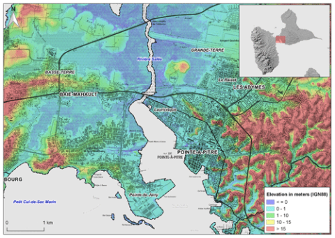The Petit Cul-de-sac marin area in Guadeloupe, showing urbanized areas and altitudes (map created by BRGM; data: IGN, SHOM; © BRGM, IGN, SHOM).