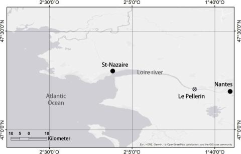 Map of the Loire estuarine region. The Le Pellerin sampling site is indicated by a crossed circle.