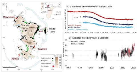 Localisation de la zone d’étude (a et b), et contexte associé aux mouvements verticaux de Mayotte : c) subsidence observée, données GNSS (Coordination observations géodésiques à Mayotte) et d) variation du niveau marin observé depuis 1963 (données REFMAR).