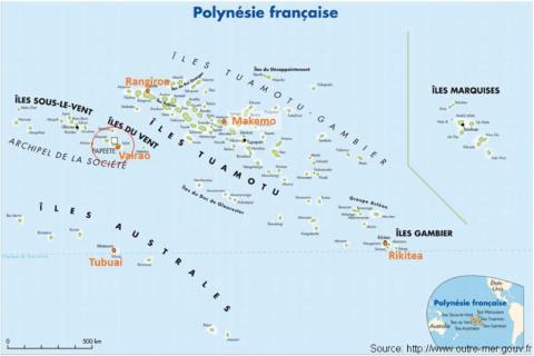 The five archipelagoes in French Polynesia. The locations of the five geodetic TGs are shown as orange point. (Figure is taken from J.P. Barriot et al. [5].).