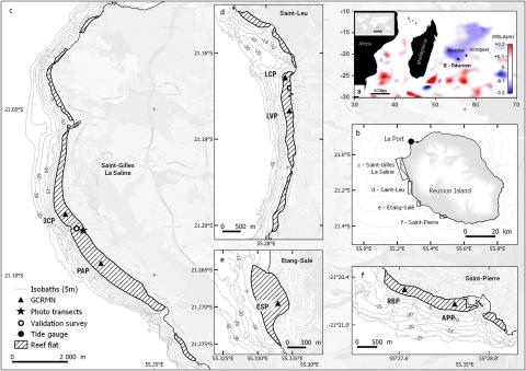 Location map of the study sites. a. Mean sea level anomalies (MSLA) in the South-West Indian Ocean aggregated from 25 May to 17 August 2015 (Source: AVISO satellite imagery). b-f. Location of the shallow reef flat sites in Reunion Island: Trois Chameaux Platier (3CP), Planche Alizés Platier (PAP), La Corne Platier (LCP), La Varangue Platier (LVP), Etang-Salé Platier (ESP), Ravine Blanche Platier (RBP) and Alizé Plage Platier (APP), and the location of the tide gauge in Le Port.