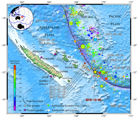 New Caledonia and the south Vanuatu subduction zone. The colored dots represent the seismicity from the USGS database for the period from 1 January 1900 to 24 January 2019, with the size of dots being proportional to the event's magnitude. Tsunamigenic earthquakes recorded in New Caledonia (Roger et al., 2019b; US Geological Survey, 2019) are highlighted with black-outlined circles and linked to dates. The black line symbolizes the Vanuatu Trench. The white arrows symbolize the subduction directions and rat