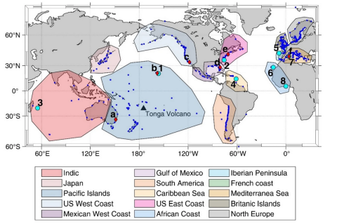 Location of the tide gauges used in this work (small blue dots). The red diamonds with letters show the location of the atmospheric pressure time series plotted in Fig. 2. The cyan dots with numbers show the location of the sea level time series plotted in Fig. 4. The colored patches show the different world regions selected to perform the analysis shown in Fig. 5. The map has been drawn with MATLAB33 using the M_Map34 toolbox (https://www.eoas.ubc.ca/~rich/map.html).
