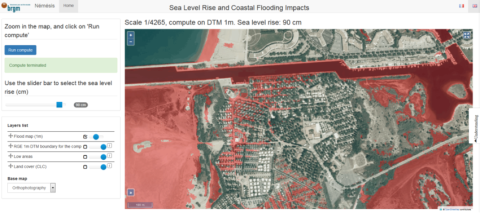 WebGIS client based on the 1 m-DTM with a scenario of sea level rise at 90 cm. Red color shows the flooded area.