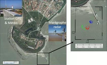 L'île d'Aix, un observatoire du niveau de la mer équipée d'un marégraphe radar, d'une station météorologique et d'une station GPS permanente(photos source Géoportail, 2013 modifié)