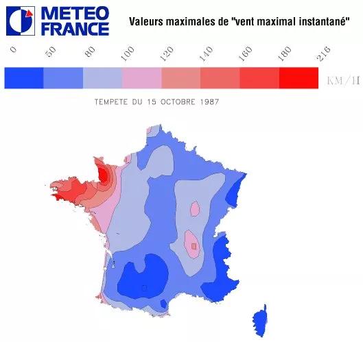 Valeurs maximales de 'vent maximal instantané' lors de le tempête des 15-16 octobre 1987 (Source Météo-France)