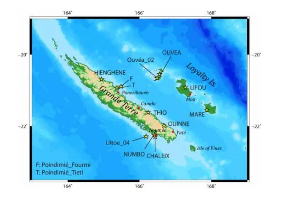 New Caledonia tide and pressure gauges (yellow stars)