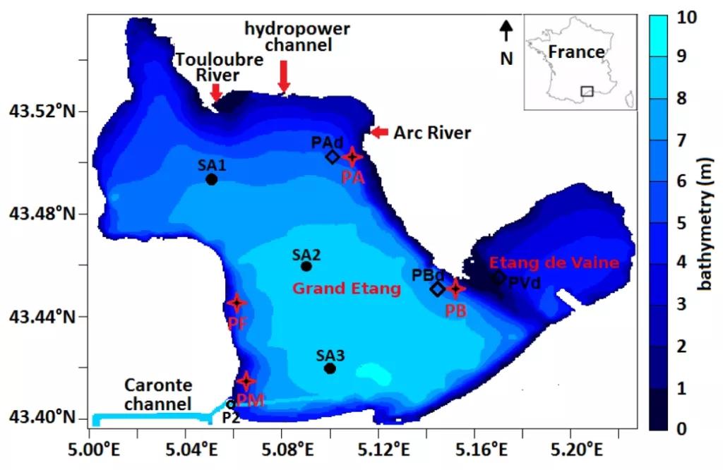 Etang de Berre and its tributaries (hydropower channel, Touloubre and Arc Rivers),  and bathymetry. Black points correspond to three mooring stations, red stars - to four  nearshore control points, black diamonds - to three sediment deposit points