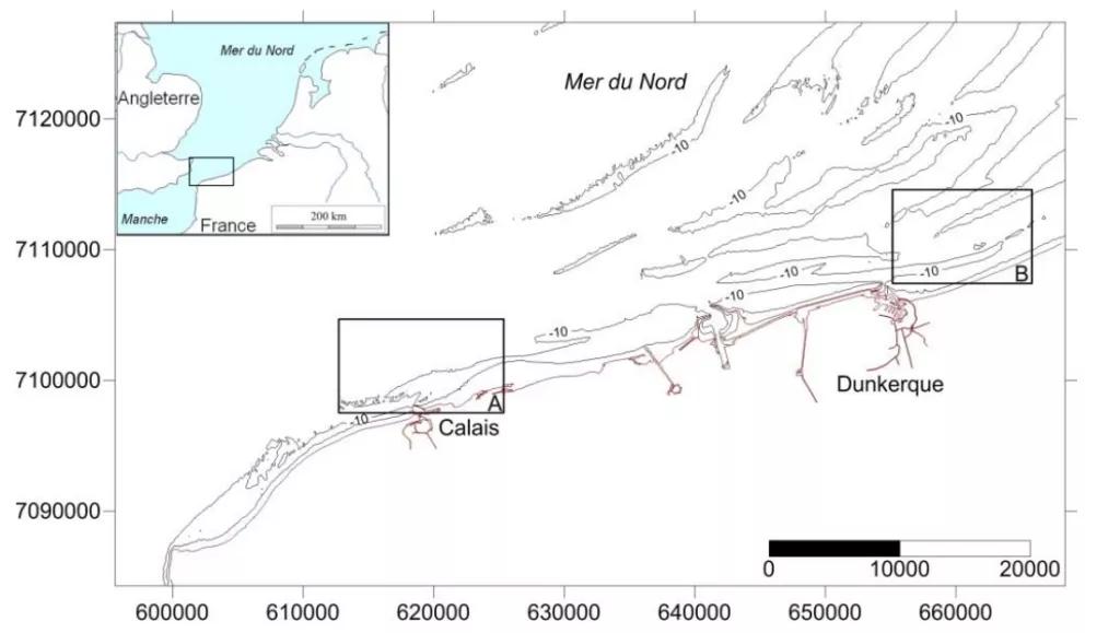 Présentation des bancs sableux dans la partie méridionale de la mer du Nord  et localisation des sites étudiés (en noir isobathe -10m et en rouge le 0 bathymétrique). 