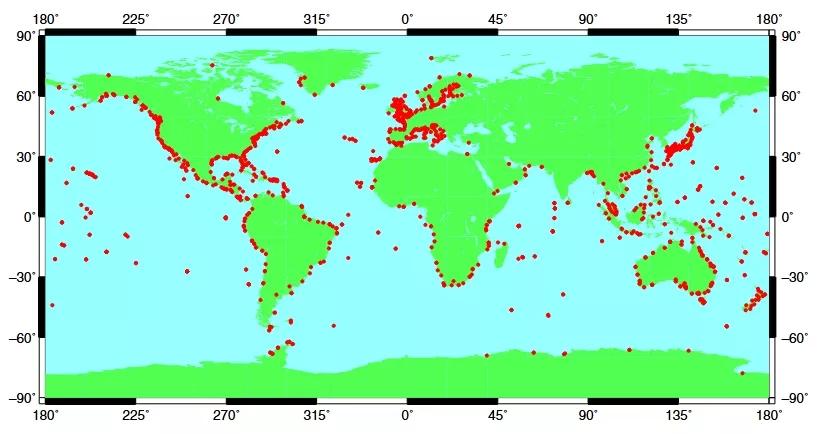 Locations of stations with sea level information in the GESLA-2 dataset (1355 records with 39 151 station-years, thispaper)