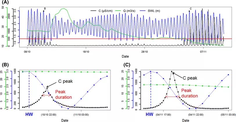 a Time series of electrical conductivity (black), river discharge (green) and sea water level (blue) for the year 2010; b and c two examples of peak of electrical conductivity (units identical to a). The conditions at high water (HW) are marked by a vertical dashed line. The duration of a critical peak (exceeding 500 µS/cm) is marked in red