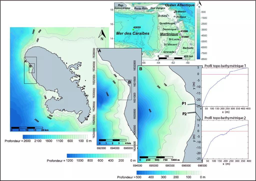 Localisation du site d'étude, modèles numériques de bathymétrie (MNB) et profils de plages