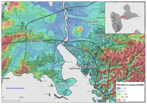 The Petit Cul-de-sac marin area in Guadeloupe, showing urbanized areas and altitudes (map created by BRGM; data: IGN, SHOM; © BRGM, IGN, SHOM).