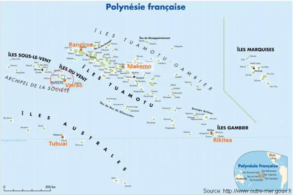 The five archipelagoes in French Polynesia. The locations of the five geodetic TGs are shown as orange point. (Figure is taken from J.P. Barriot et al. [5].).