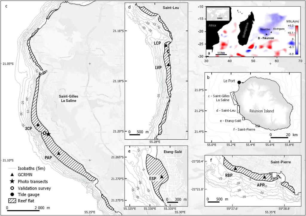 Location map of the study sites. a. Mean sea level anomalies (MSLA) in the South-West Indian Ocean aggregated from 25 May to 17 August 2015 (Source: AVISO satellite imagery). b-f. Location of the shallow reef flat sites in Reunion Island: Trois Chameaux Platier (3CP), Planche Alizés Platier (PAP), La Corne Platier (LCP), La Varangue Platier (LVP), Etang-Salé Platier (ESP), Ravine Blanche Platier (RBP) and Alizé Plage Platier (APP), and the location of the tide gauge in Le Port.
