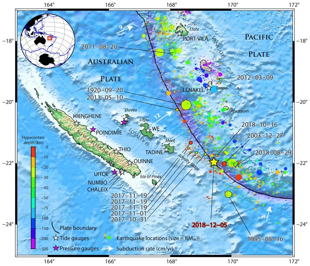 New Caledonia and the south Vanuatu subduction zone. The colored dots represent the seismicity from the USGS database for the period from 1 January 1900 to 24 January 2019, with the size of dots being proportional to the event's magnitude. Tsunamigenic earthquakes recorded in New Caledonia (Roger et al., 2019b; US Geological Survey, 2019) are highlighted with black-outlined circles and linked to dates. The black line symbolizes the Vanuatu Trench. The white arrows symbolize the subduction directions and rat