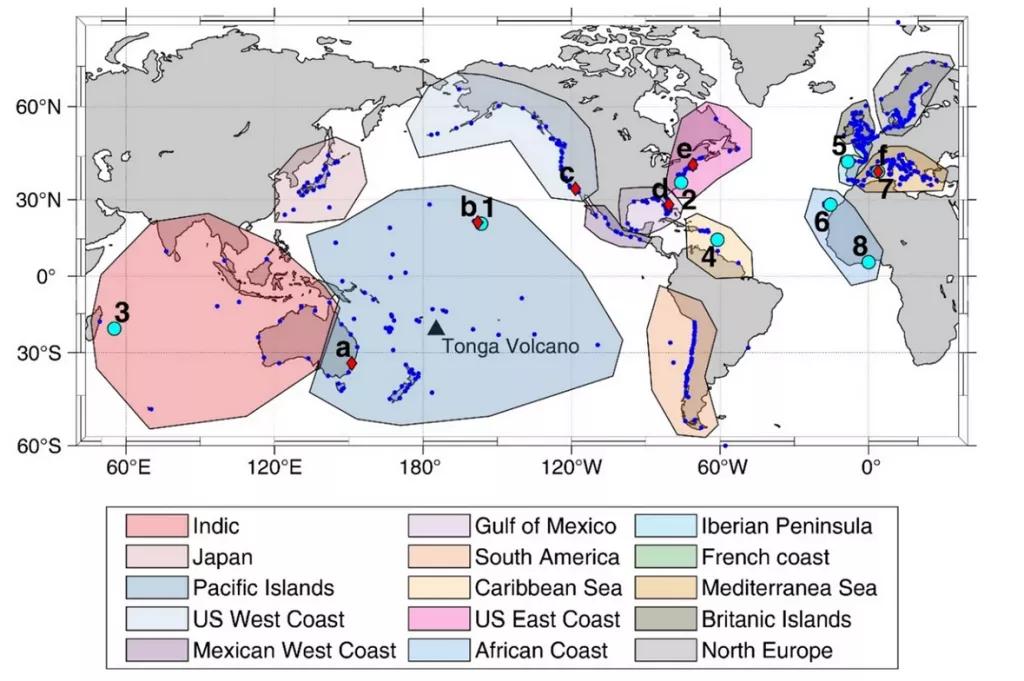 Location of the tide gauges used in this work (small blue dots). The red diamonds with letters show the location of the atmospheric pressure time series plotted in Fig. 2. The cyan dots with numbers show the location of the sea level time series plotted in Fig. 4. The colored patches show the different world regions selected to perform the analysis shown in Fig. 5. The map has been drawn with MATLAB33 using the M_Map34 toolbox (https://www.eoas.ubc.ca/~rich/map.html).